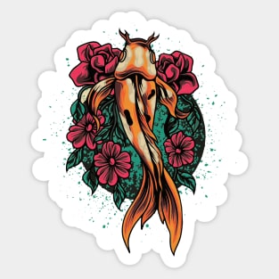 Retro Koi Fish and Red Flowers Sticker